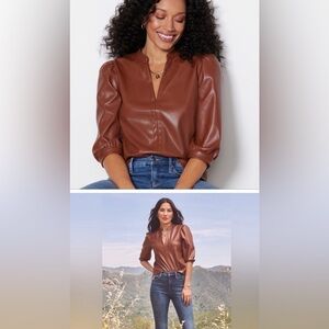 Evereve Ryann Faux Leather Blouse Top 3/4 Sleeve Puff Brown S